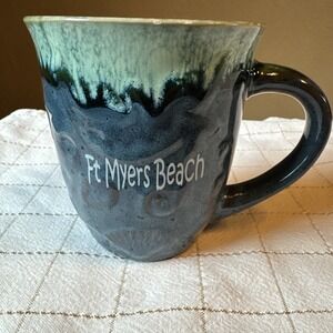 Handmade Ceramic Coffee Mug Ft Myers Beach Glazed‎ Ocean & Seashells 16 Oz  READ